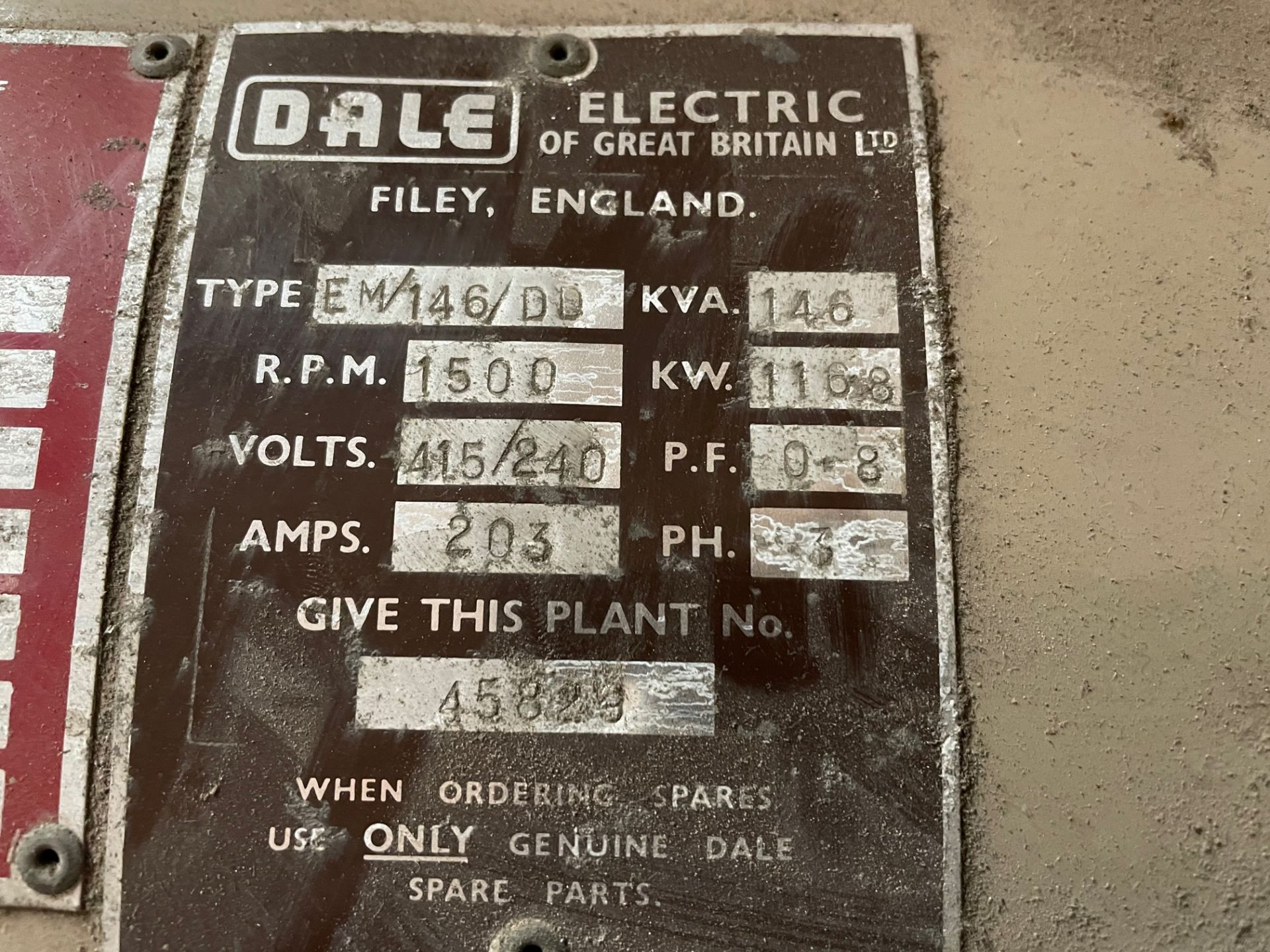 Dorman Dale EM146/00 116.8kw generator, 146 KVA. A work Method Statement and Risk Assessment must be - Image 5 of 6