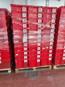 300 - red plastic tote bins (5 pallets, 60 bins per pallet), approx. 600mm x 400mm x 330mm as