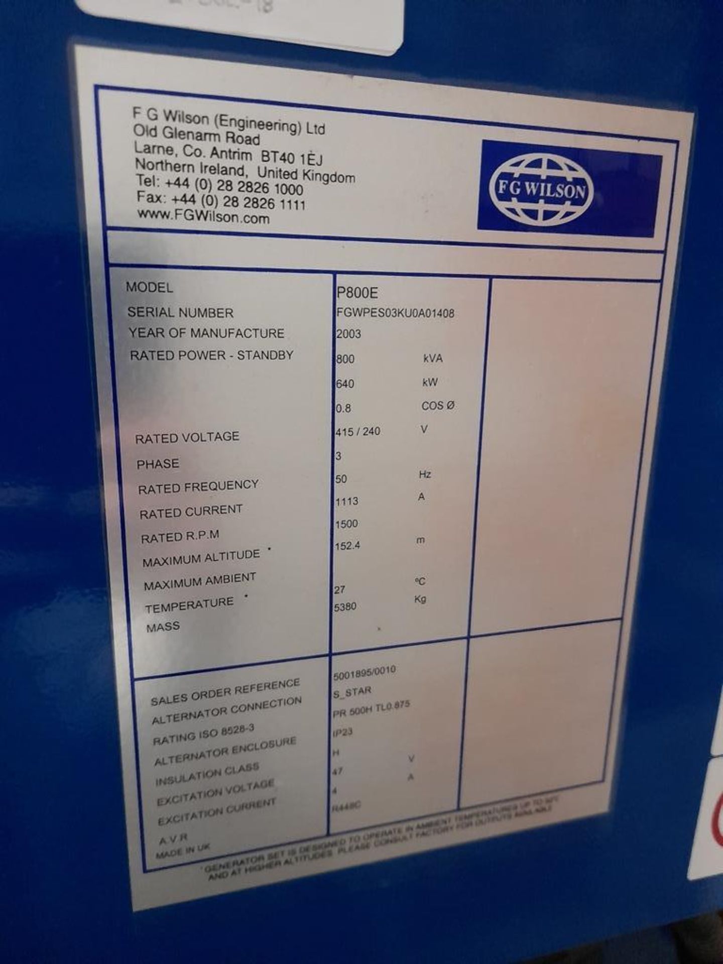 FG Wilson P800E 640 kw generator, s/n FGWPES03KU0A1408, yr 2003, 800KVA, engine type 3000 Series, - Image 6 of 12