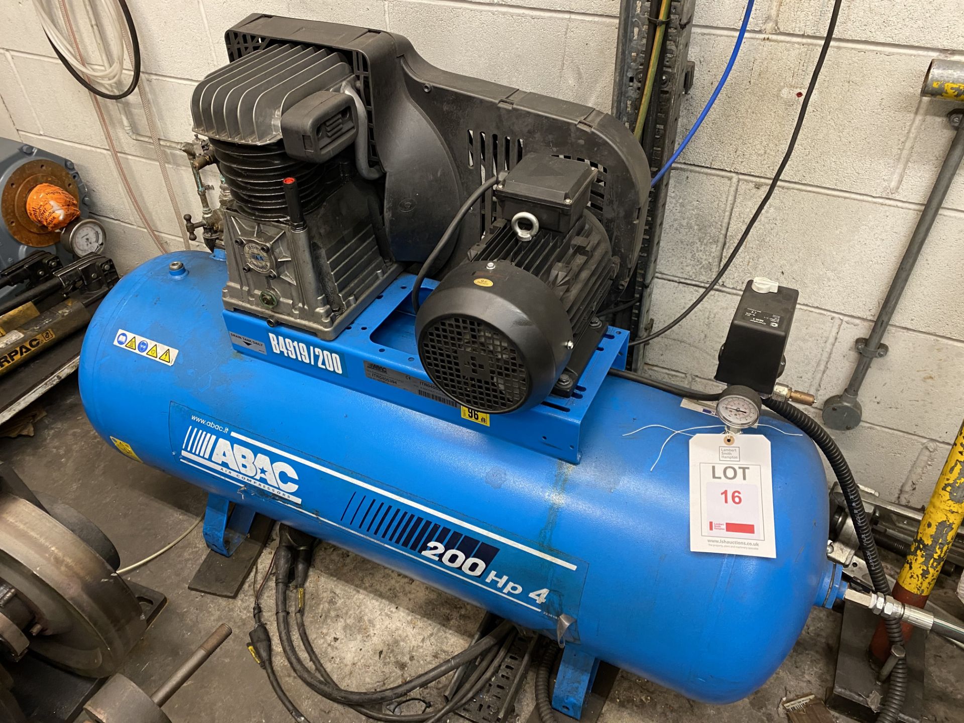 Abac B4919/200 200HP receiver mounted air compressor, Serial no. 9351. NB: The purchaser must ensure