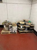 2 pallets of parts rolls of cable including Cat 5e, single core electrical and various multi-core