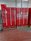 600 - red plastic tote bins (10 pallets, 60 bins per pallet), approx. 600mm x 400mm x 330mm as