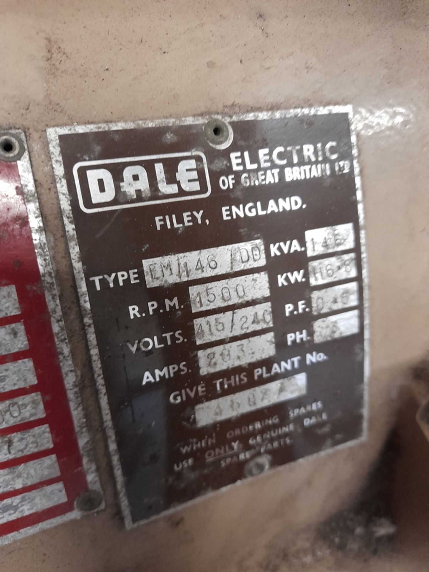 Dorman Dale Type C 116 kw generator, s/n 2910/2, year 1979, 146 KVA, Plant No. 45827, engine type - Image 7 of 11