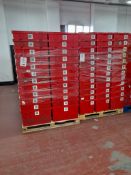 600 - red plastic tote bins (10 pallets, 60 bins per pallet), approx. 600mm x 400mm x 330mm as