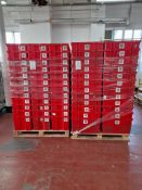 600 - red plastic tote bins (10 pallets, 60 bins per pallet), approx. 600mm x 400mm x 330mm as