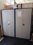 2 - Double door metal cupboards with fitted backboard, numerous plastic storage bins and contents,