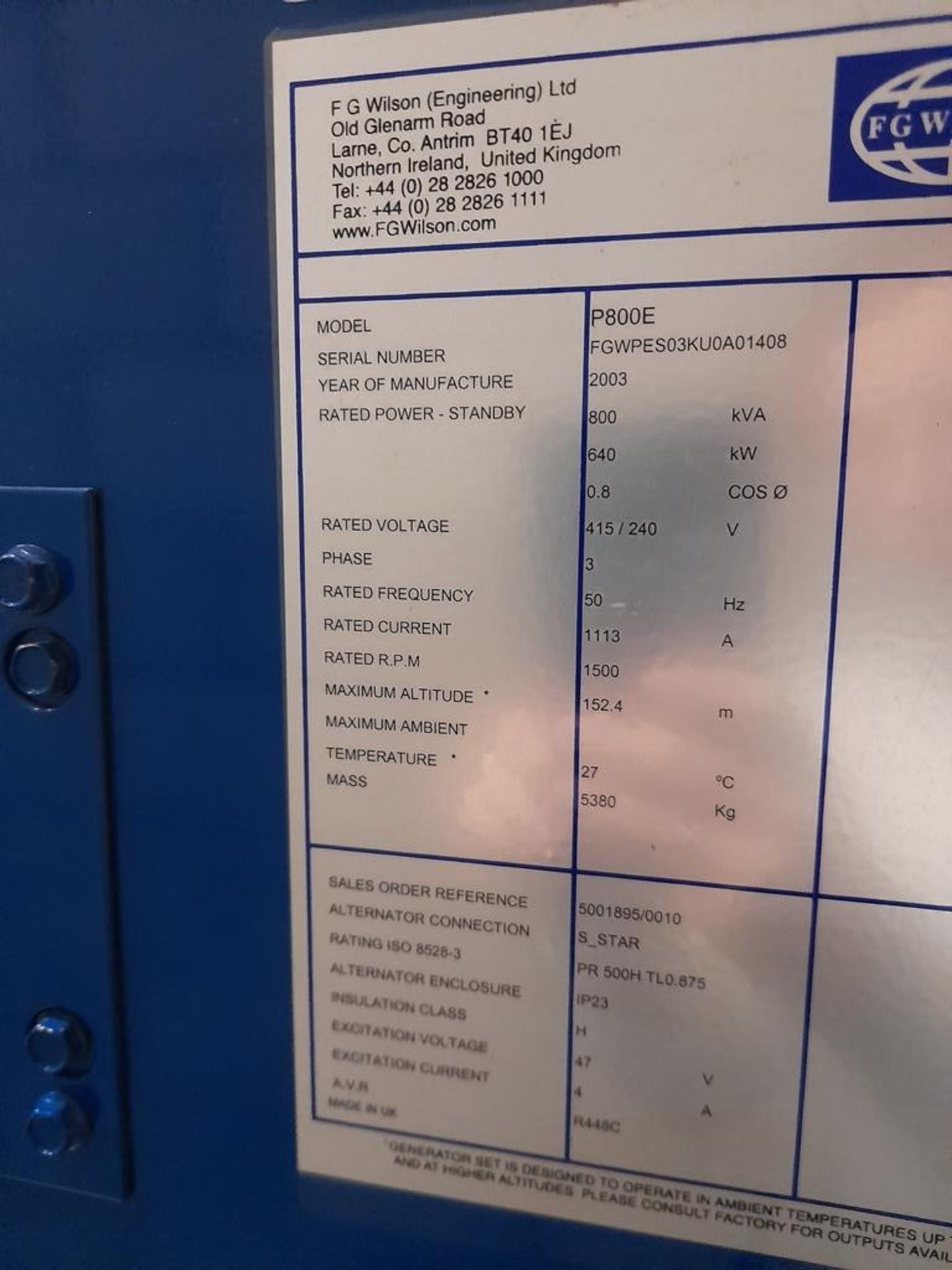 FG Wilson P800E 640 kw generator, s/n FGWPES03KU0A1408, yr 2003, 800KVA, engine type 3000 Series, - Image 4 of 12