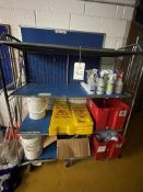 Four tier trolley and contents to include wet floor signs, spray bottles etc., as lotted