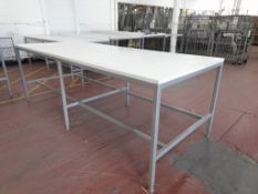 White 'Quality Control' workbench. Height adjustable. Approx. 1,220mm x 3,000mm (Photo for