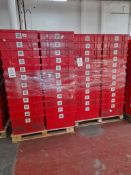 600 - red plastic tote bins (10 pallets, 60 bins per pallet), approx. 600mm x 400mm x 330mm as