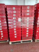 300 - red plastic tote bins (5 pallets, 60 bins per pallet), approx. 600mm x 400mm x 330mm as
