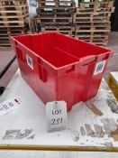 360 - red plastic tote bins (6 pallets, 60 bins per pallet), approx. 600mm x 400mm x 330mm as