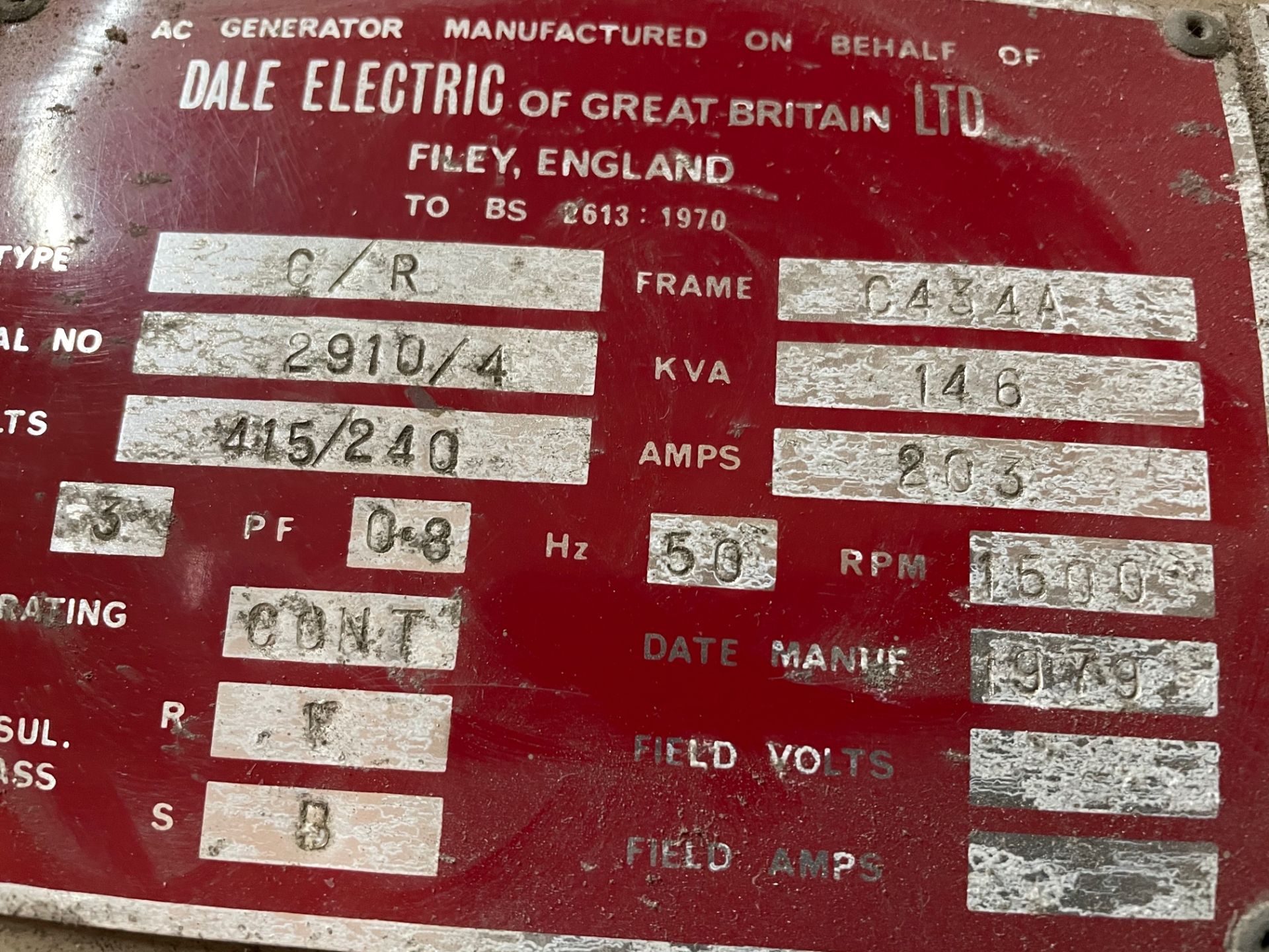 Dorman Dale EM146/00 116.8kw generator, 146 KVA. A work Method Statement and Risk Assessment must be - Image 4 of 6