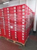 300 - red plastic tote bins (5 pallets, 60 bins per pallet), approx. 600mm x 400mm x 330mm as