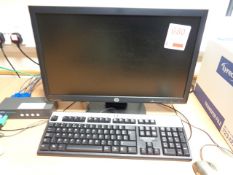 Three various HP desktop PCs, HD monitor, keyboard, mouse