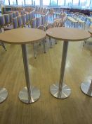 Two wood effect circular high canteen tables, 600mm dia