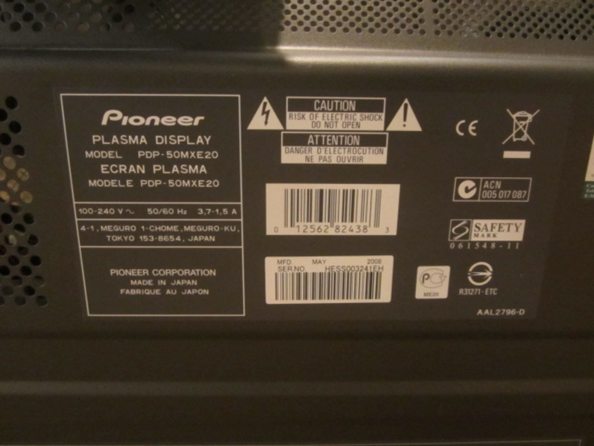 Pioneer Plasma TV, model PDP-50MXE20, 50" - no remote control - Image 2 of 2