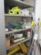 Assorted cleaning equipment including mop buckets, mops, brushes, cleaning signs, etc.