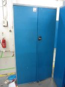 Steel 2 door cabinet with contents including pneumatic fittings, electrical components, etc.
