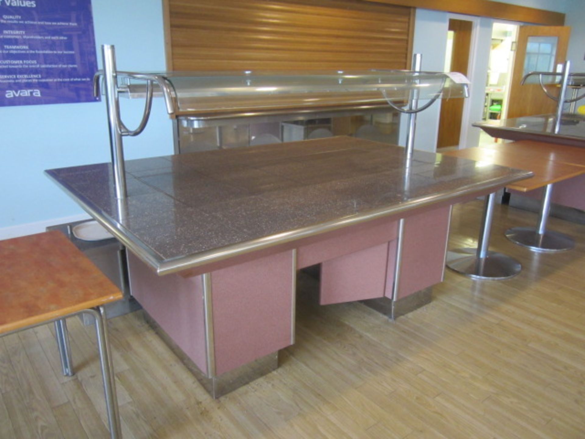 Tiled top serving counter with warming lamps, under storage cupboards, part glazed, 1550mm x 2.2m - Image 6 of 9