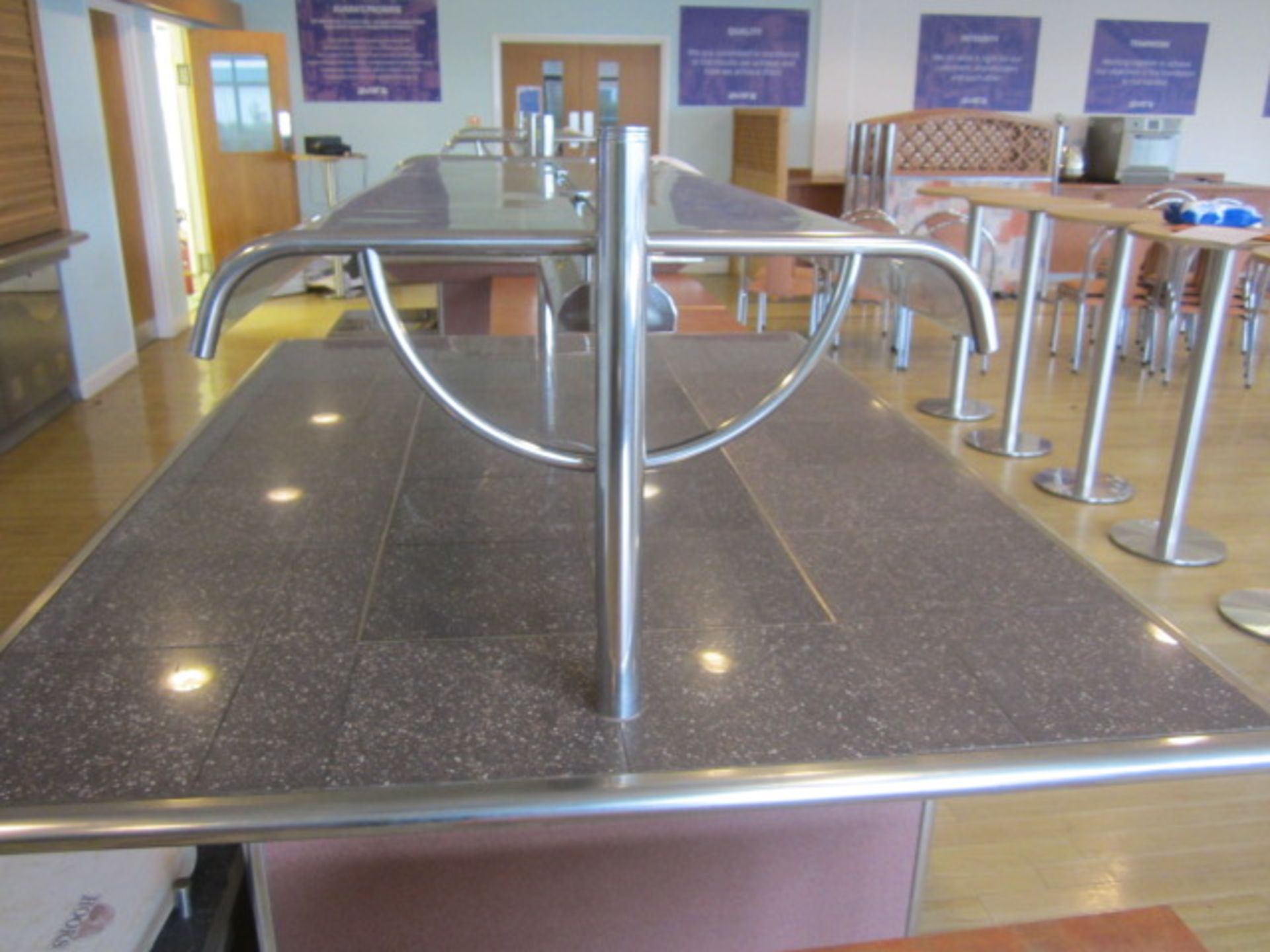 Tiled top serving counter with warming lamps, under storage cupboards, part glazed, 1550mm x 2.2m - Image 8 of 9