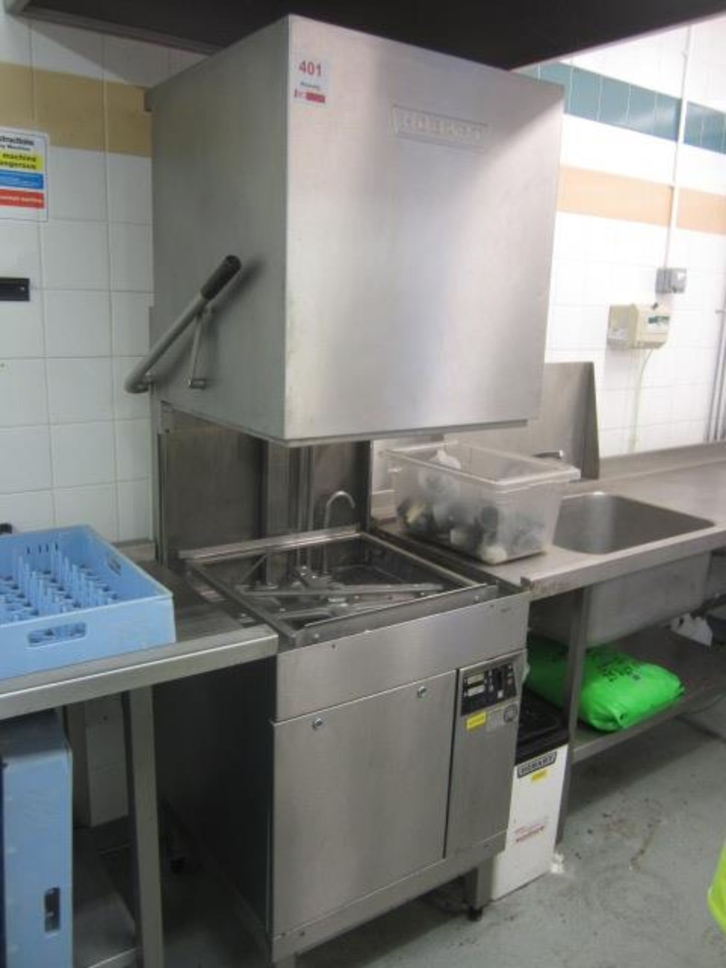 Stainless steel washing station including Hobart top load commercial dishwasher, 650 x 650, U