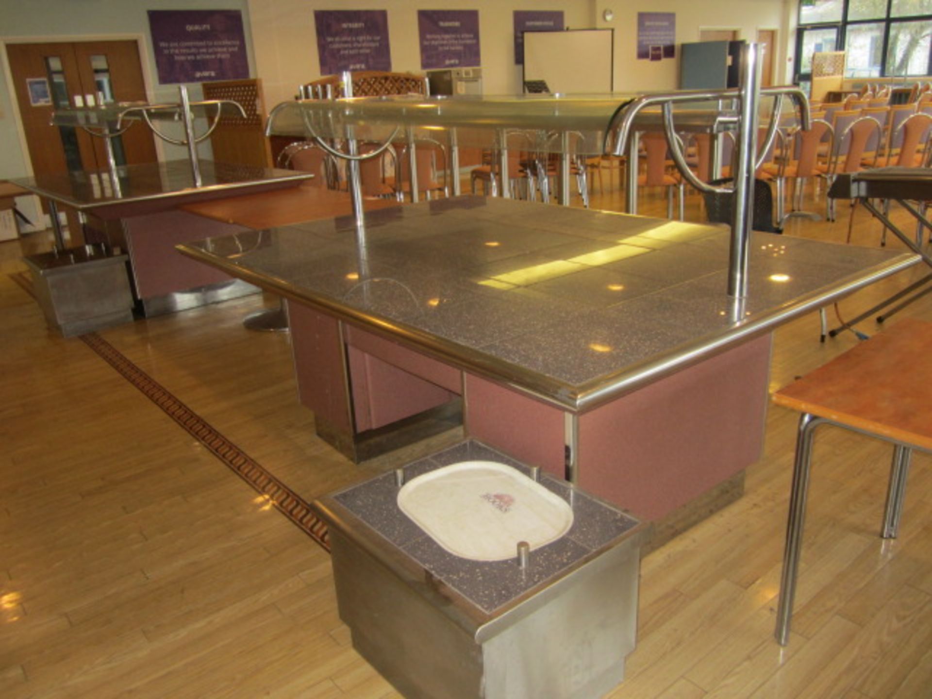 Tiled top serving counter with warming lamps, under storage cupboards, part glazed, 1550mm x 2.2m - Image 3 of 6