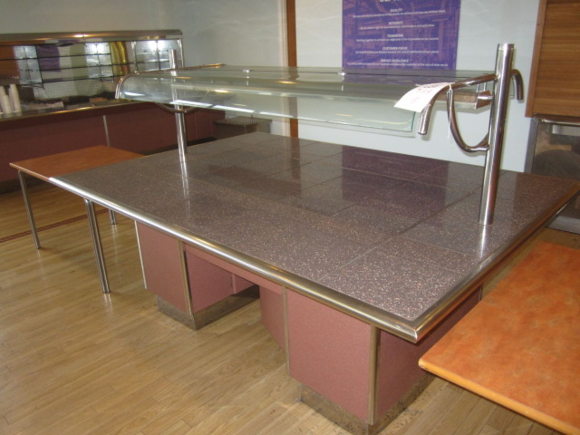 Tiled top serving counter with warming lamps, under storage cupboards, part glazed, 1550mm x 2.2m