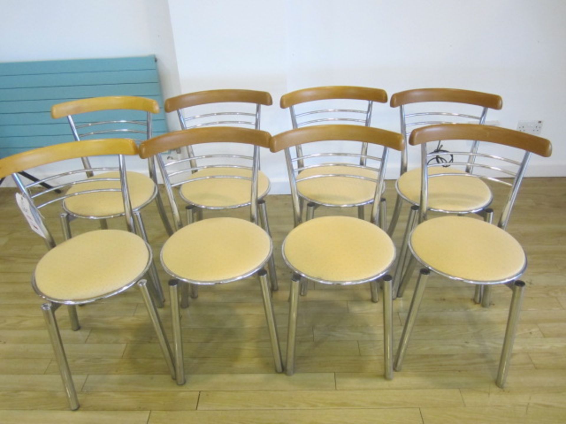 Eight chrome frame upholstered seat canteen chairs