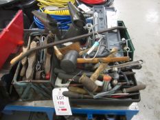 Quantity of assorted hand tools including spanners, mallet, wire brushes, hammers, hand files, tin
