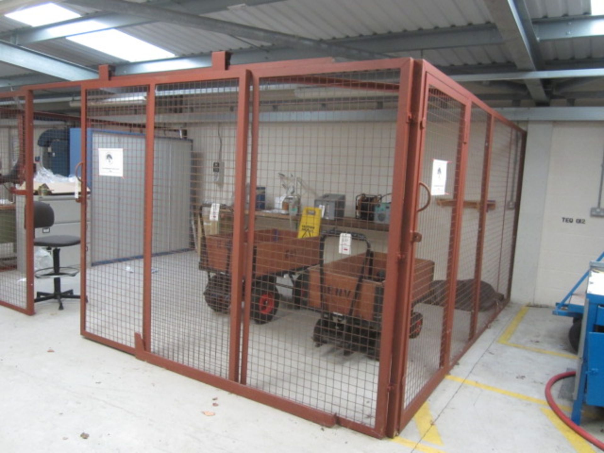 Steel framed triple sided mesh panel, single sliding door storage cage, 5700 x 4000mm