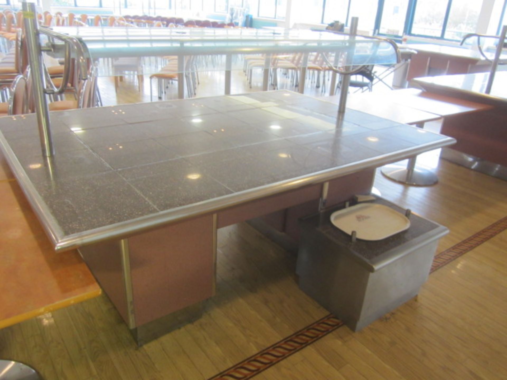 Tiled top serving counter with warming lamps, under storage cupboards, part glazed, 1550mm x 2.2m - Image 2 of 9