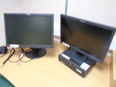 Lenovo Thinkcentre desktop PC, two Lenovo Thinkvision LCD monitors