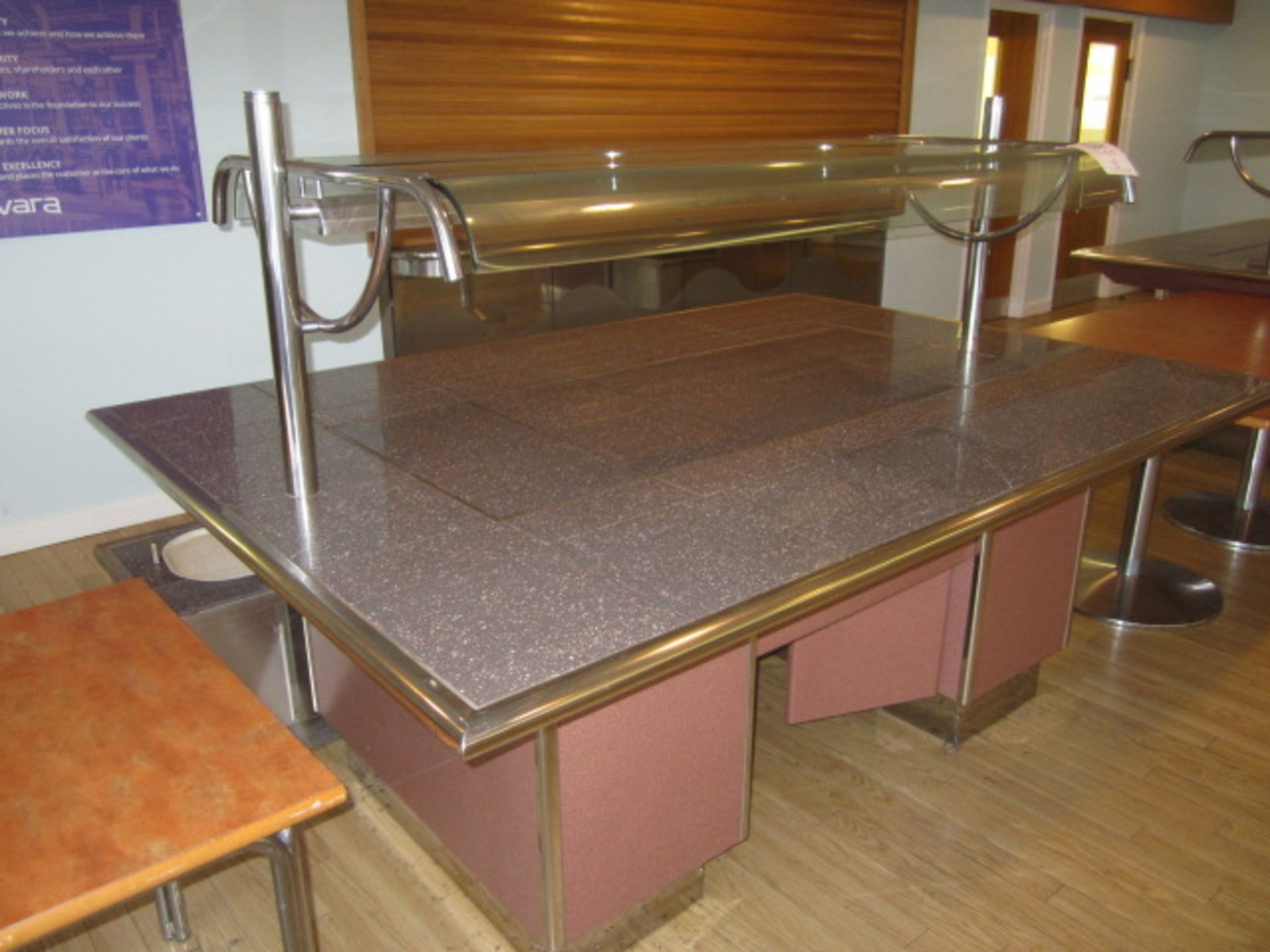 Tiled top serving counter with warming lamps, under storage cupboards, part glazed, 1550mm x 2.2m - Image 2 of 6