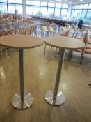 Two wood effect circular high canteen tables, 600mm dia