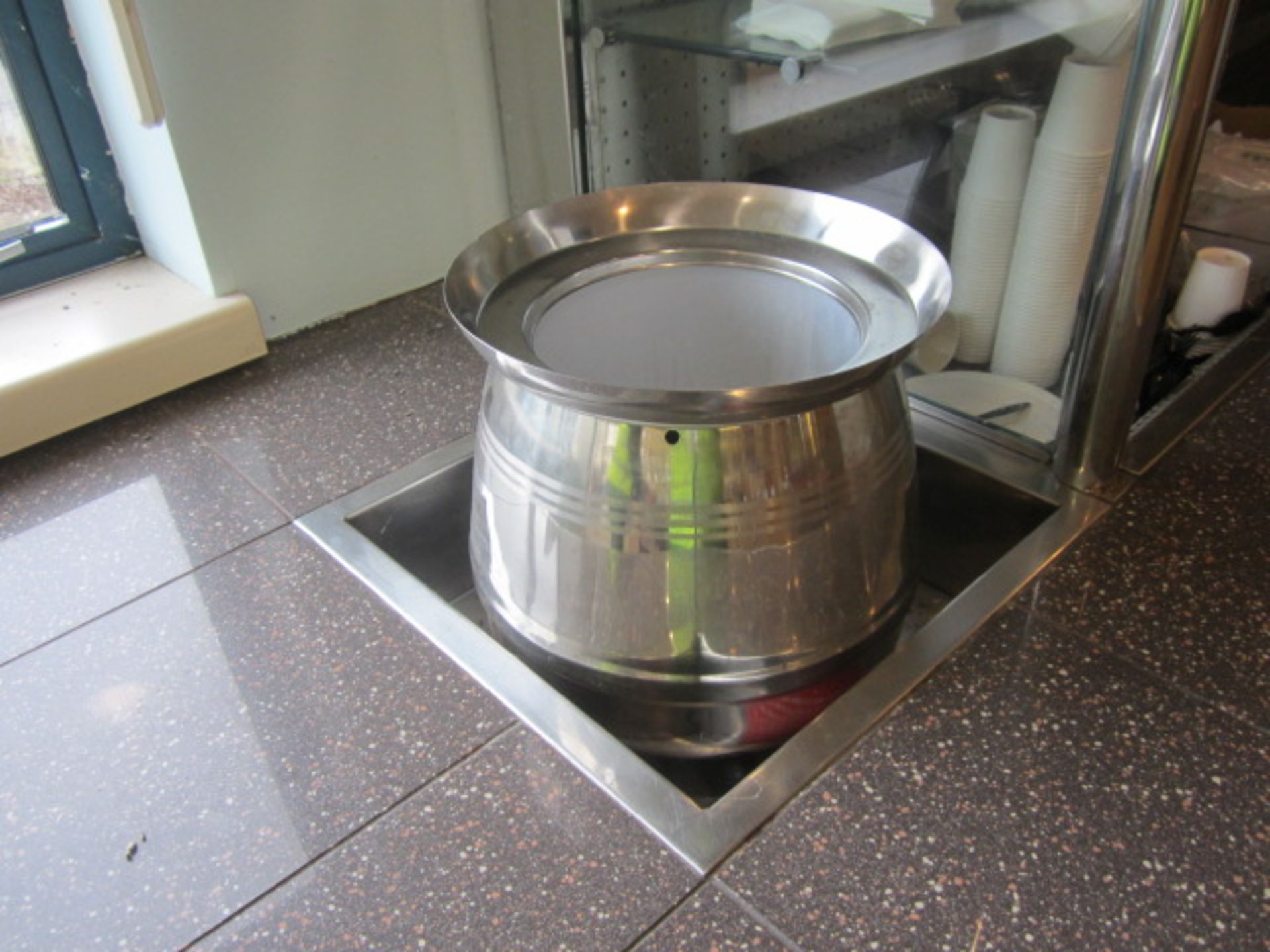 Tiled top serving counter with glass shelf chiller display, under canopy lighting, soup warmer, - Image 2 of 10