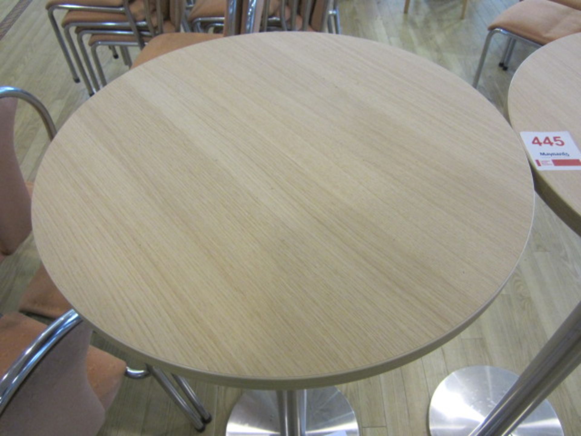 Two wood effect circular high canteen tables, 600mm dia - Image 2 of 2