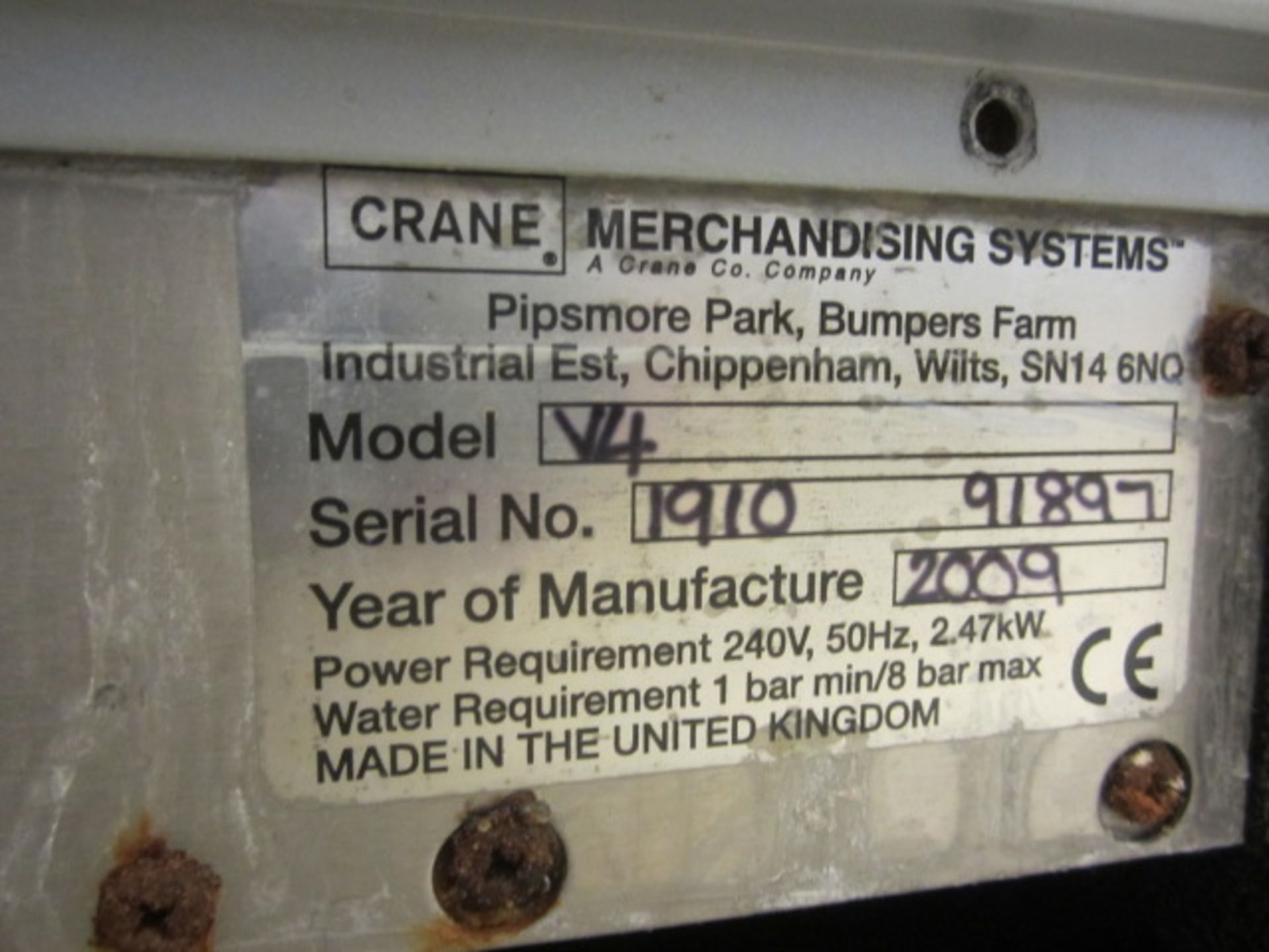 Crane Merchandising Systems hot drinks machine, model V4, serial no. 191091897, mounted on - Image 3 of 3
