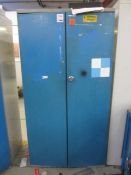 Steel 2 door cabinet with contents including assorted pipe fittings, fuses, etc.