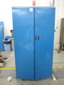 Steel 2 door cabinet with contents including assorted electrical components, etc.