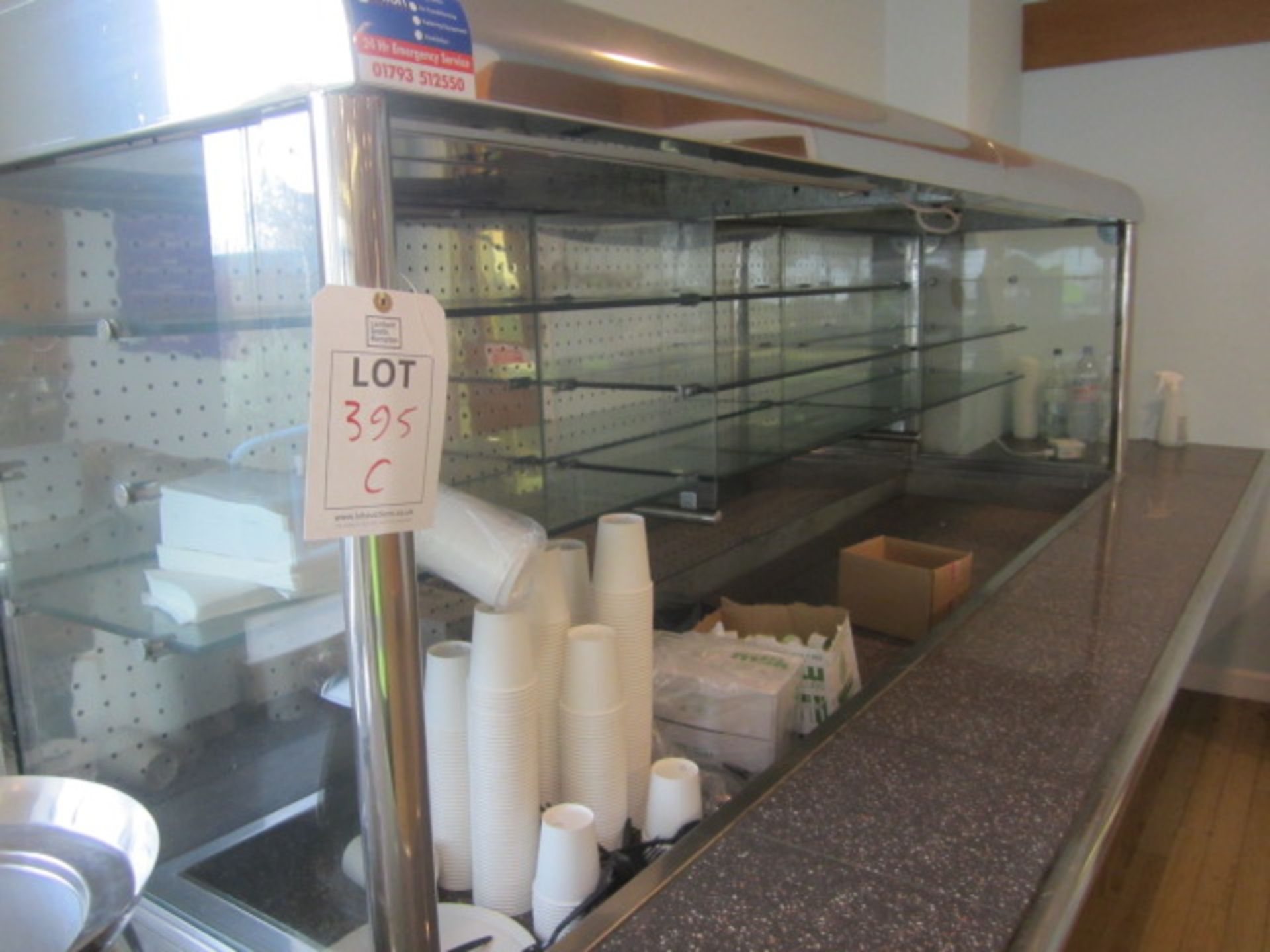 Tiled top serving counter with glass shelf chiller display, under canopy lighting, soup warmer, - Image 3 of 10