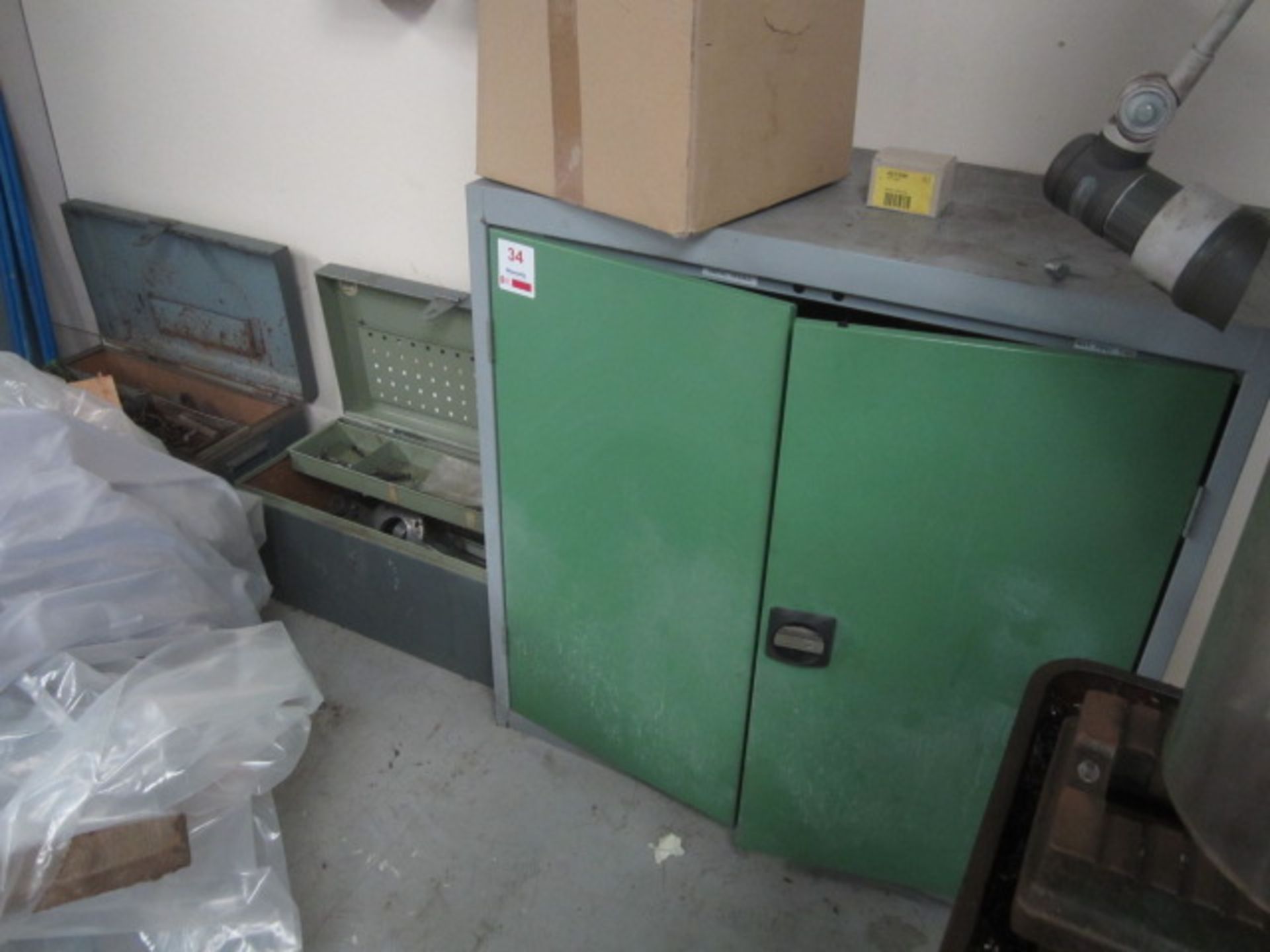 Steel farmed twin door cabinet and electrical component contents and twin steel framed tool chests