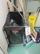 Rubbermaid mobile cleaner's basket, assorted brushes, floor mops, dustpan & brushes, mop buckets,