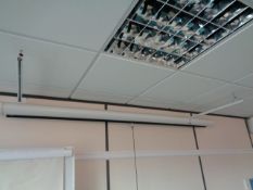 Unbadged pull down overhead projector screen, approx 2.6m