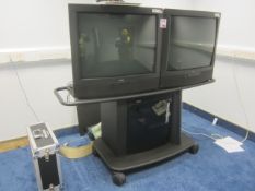 Tandberg 6000 system compact, two 32" screens, mounted on mobile stand with glass door, storage