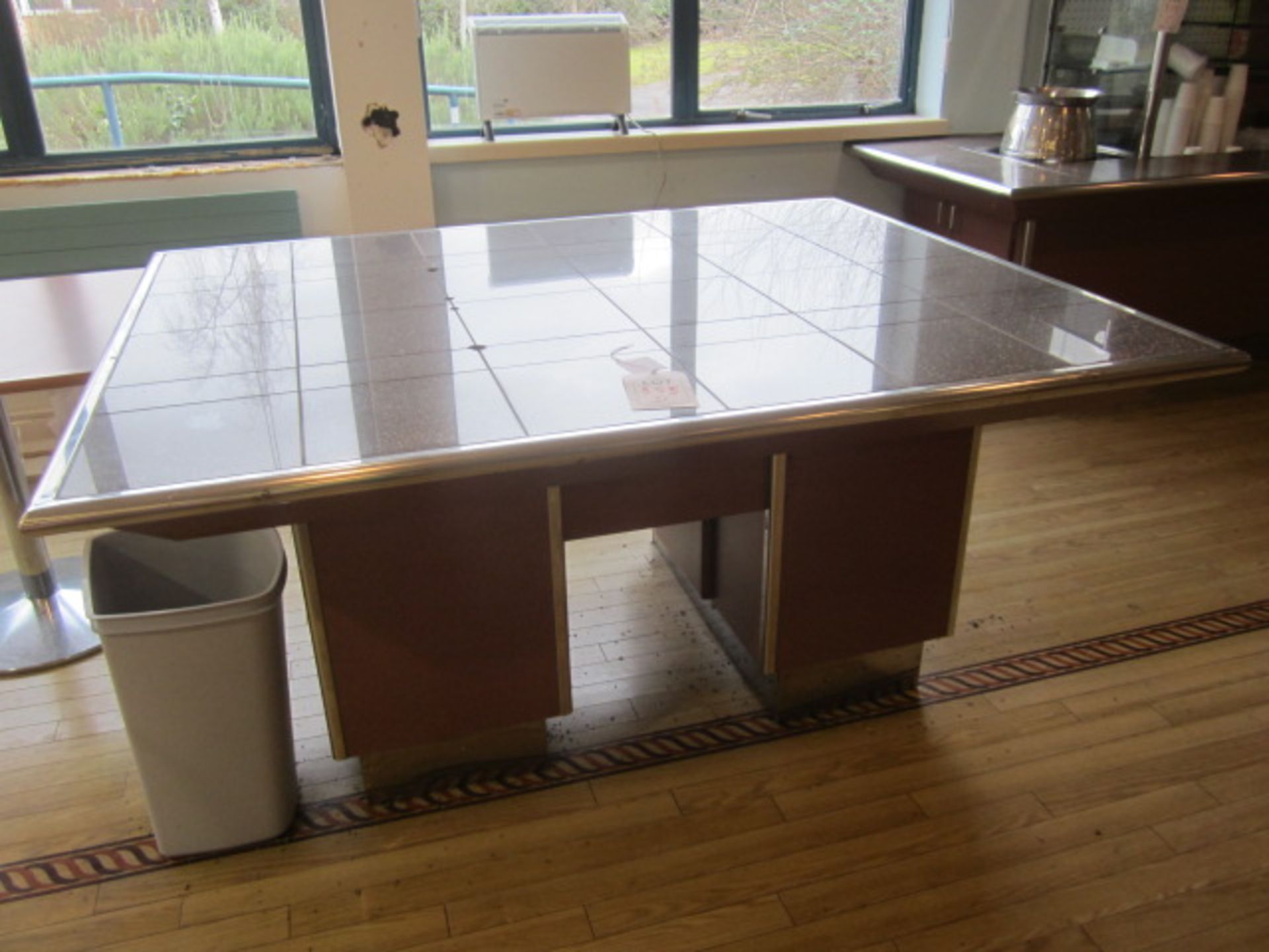 Tiled top serving counter with under storage cupboards, 1550mm x 1.9m - Disconnection to be