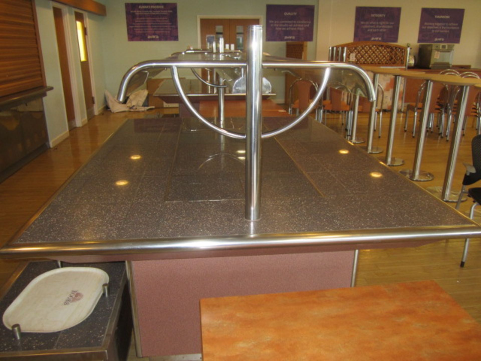 Tiled top serving counter with warming lamps, under storage cupboards, part glazed, 1550mm x 2.2m - Image 4 of 6