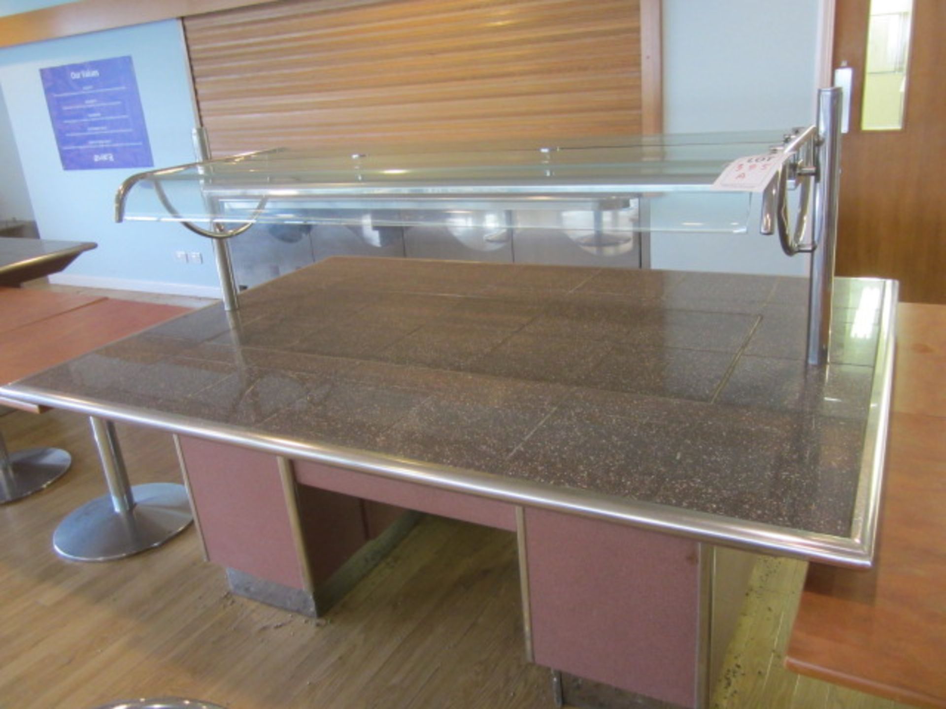 Tiled top serving counter with warming lamps, under storage cupboards, part glazed, 1550mm x 2.2m