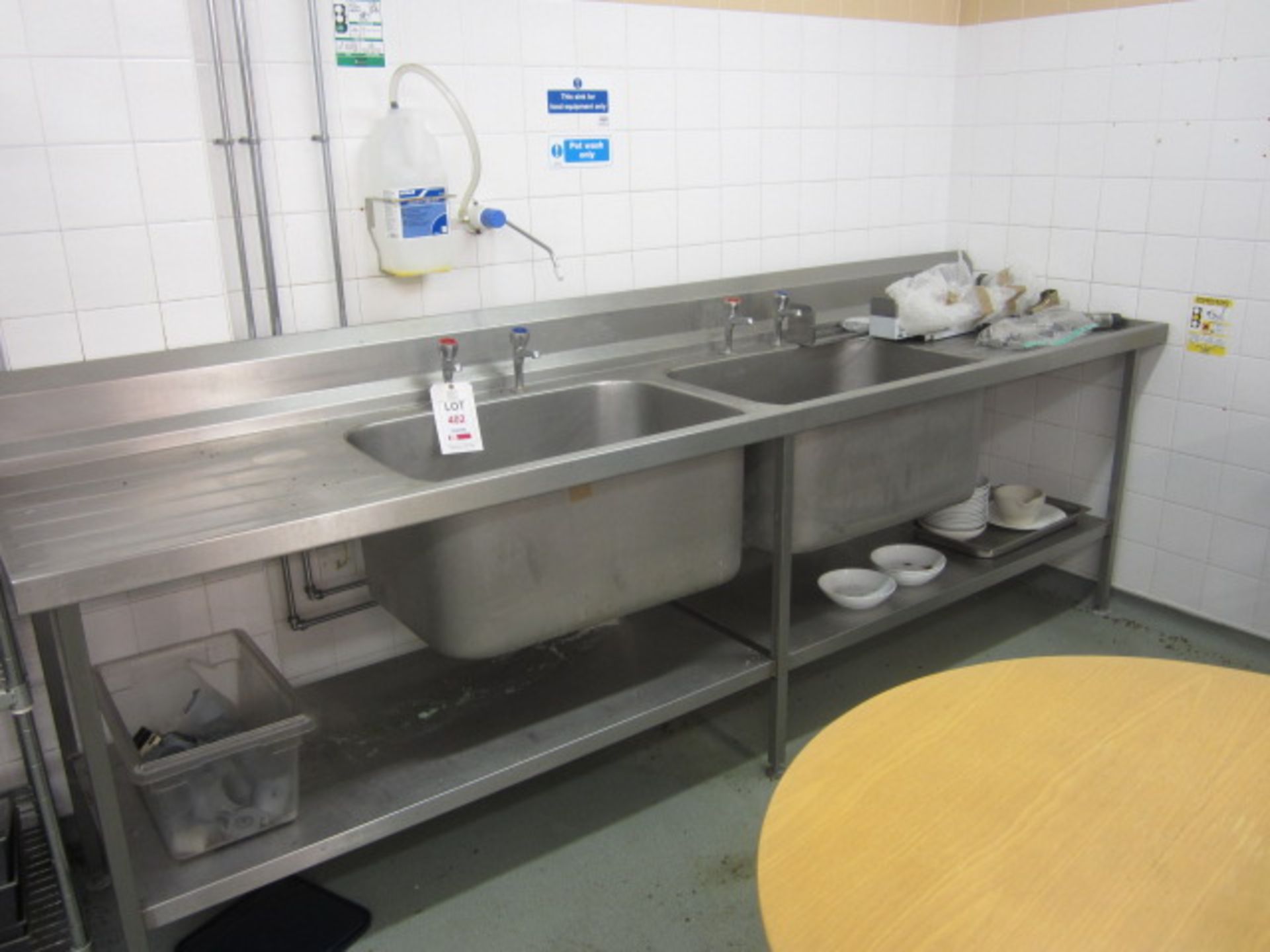 Stainless steel freestanding twin deep bowl sink with drawer, splash back, undershelf, 2.9m x 750mm