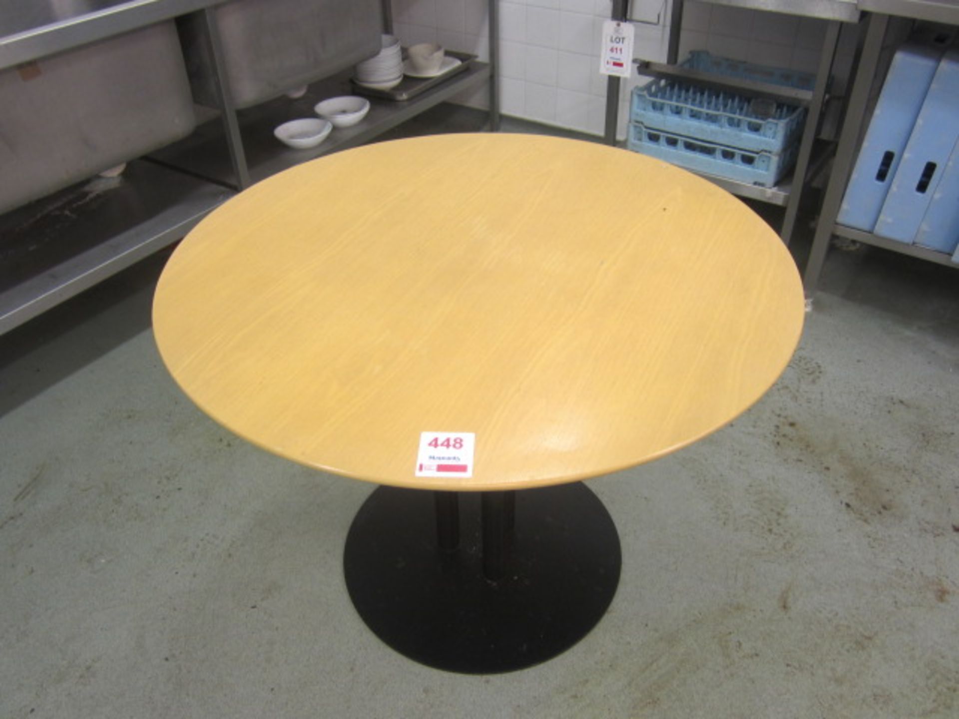 Three wood effect circular canteen tables, 1m dia